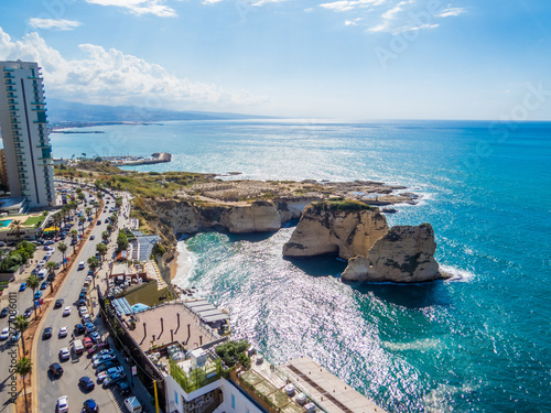 Aerial view of the Pigeons' Rocks on Raouche. In Beirut, Lebanon 