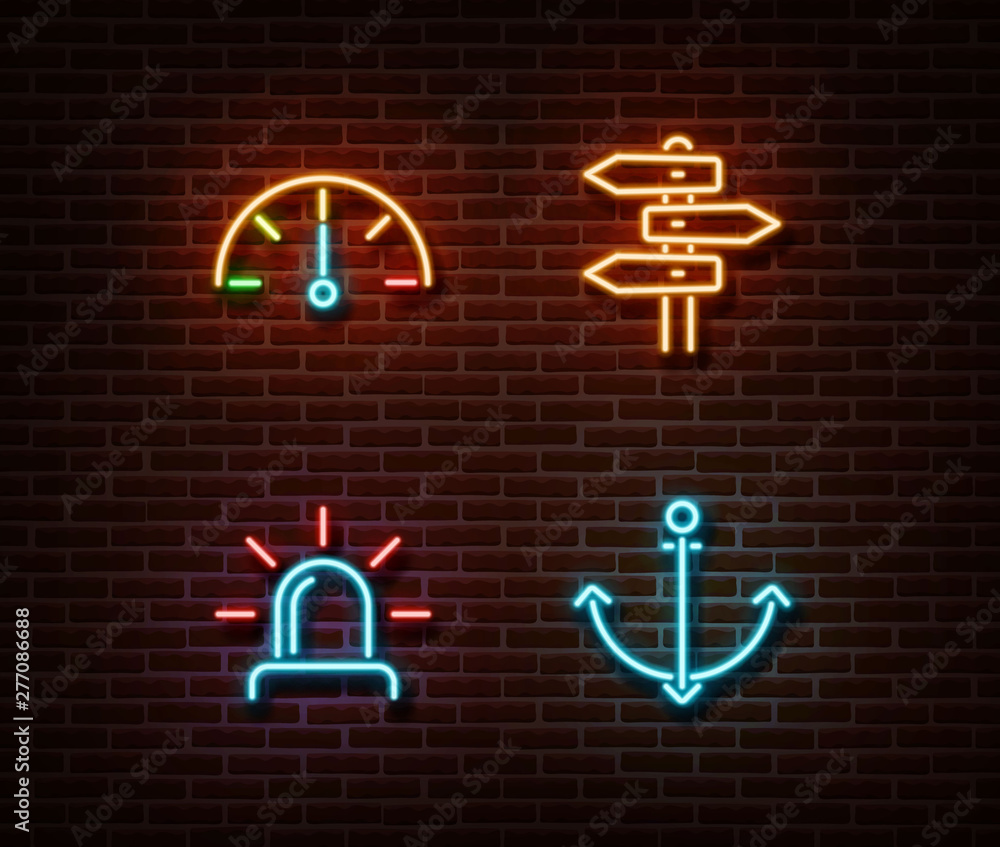 Neon speed, direction, siren, anchor signs vector isolated on brick wall. Transport things light sym Neon speed, direction, siren, anchor signs vector isolated on brick wall. Transport things light sym