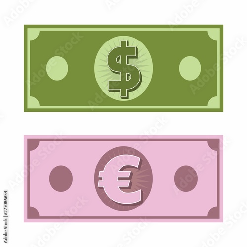 Dollar and Euro paper moneys,vector Dollar and Euro sign,money Dollar,Euro icon.