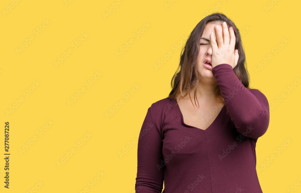 Beautiful and attractive plus size young woman wearing a dress over isolated background Yawning tired covering half face, eye and mouth with hand. Face hurts in pain. Beautiful and attractive plus size young woman wearing a dress over isolated background Yawning tired covering half face, eye and mouth with hand. Face hurts in pain.