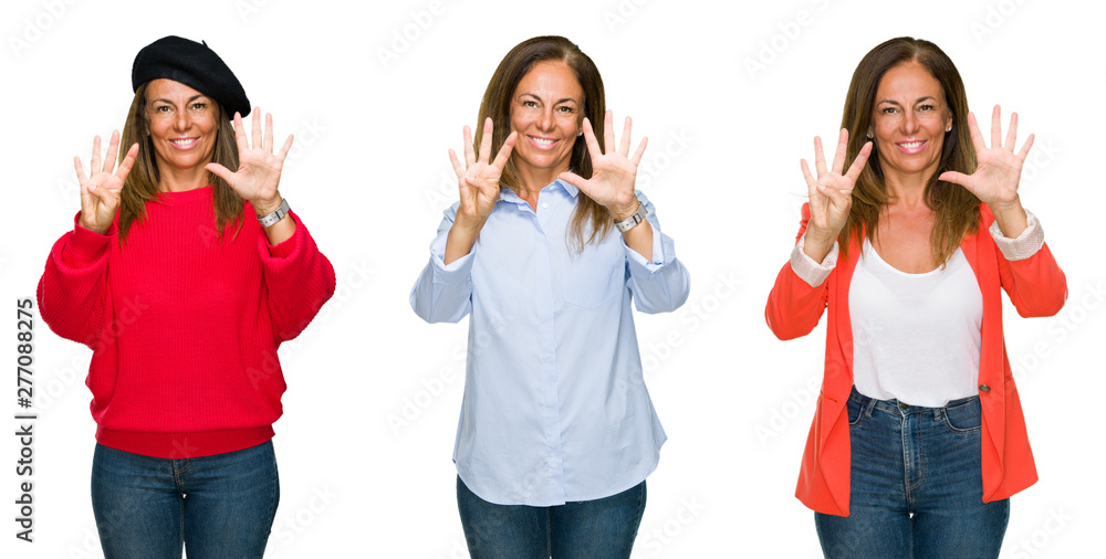 Collage of beautiful middle age woman over white isolated background showing and pointing up with fingers number nine while smiling confident and happy.