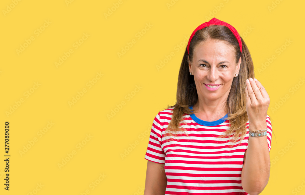 Beautiful middle age woman wearing casual stripes t-shirt over isolated background Doing Italian gesture with hand and fingers confident expression Beautiful middle age woman wearing casual stripes t-shirt over isolated background Doing Italian gesture with hand and fingers confident expression