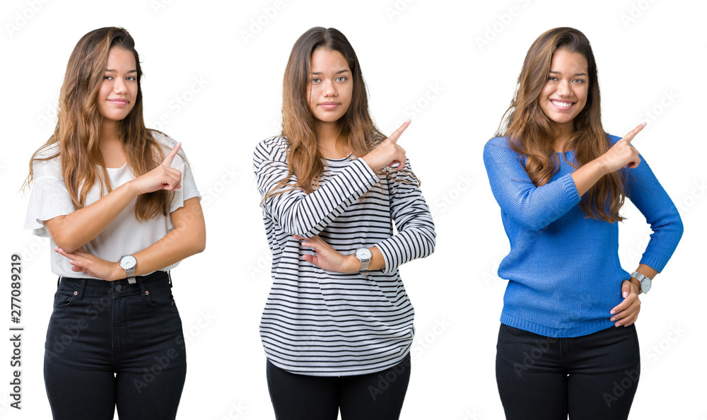 Collage of beautiful young woman over isolated background Pointing with hand finger to the side showing advertisement, serious and calm face