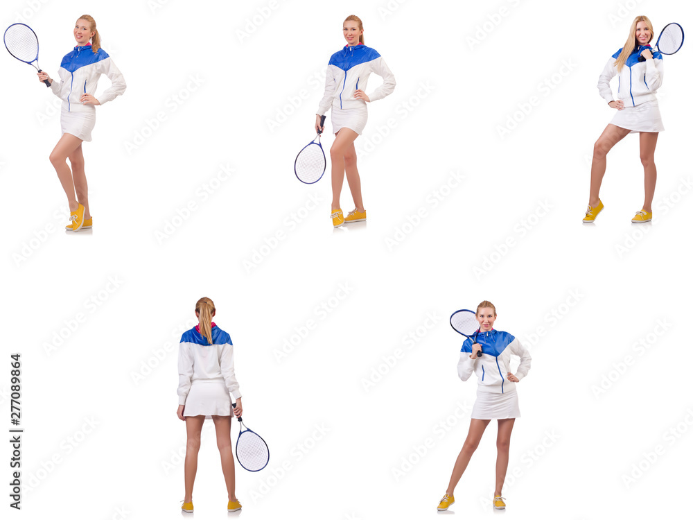 Young beautiful lady playing tennis isolated on white Young beautiful lady playing tennis isolated on white