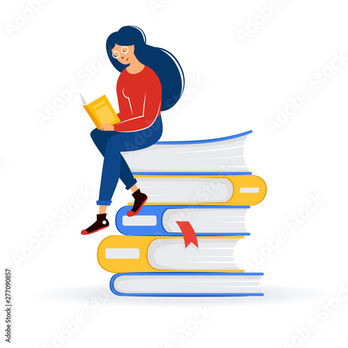 Girl sitting on a stack of books and reading. Female character read a book. The concept of training, education, literary festival.