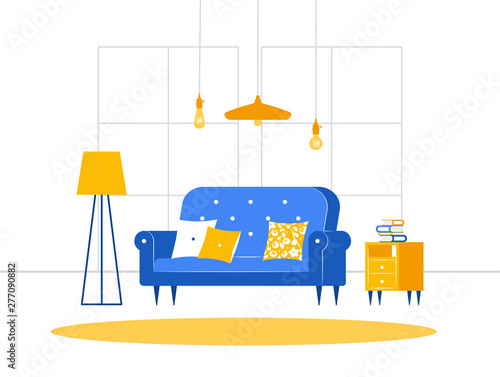 Cozy living room with sofa, bedside table with books, floor lamp. Blue and yellow. Vector illustration flat minimalistic style