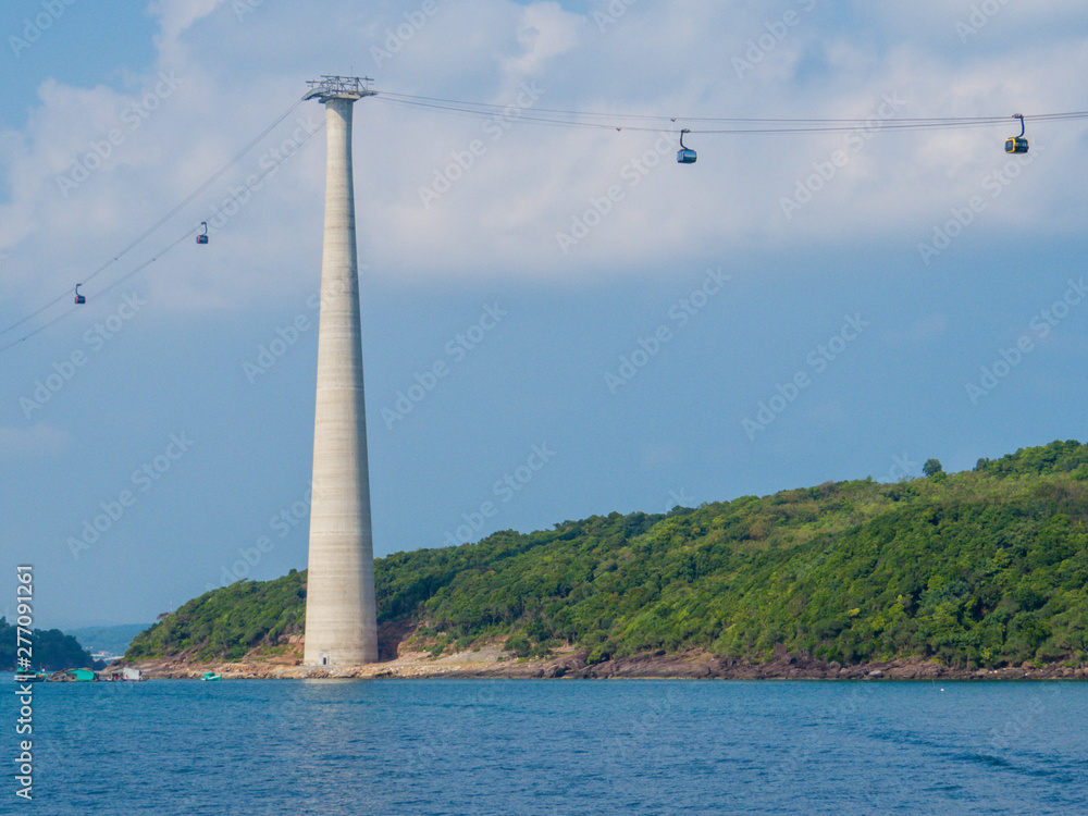 PHU QUOC, VIETNAM - FEBRUARY 9, 2018: View of the Phu Quoc Cable Car, the longest in the world connecting the main island with Hon Thom Island for nearly 8 kilometres. PHU QUOC, VIETNAM - FEBRUARY 9, 2018: View of the Phu Quoc Cable Car, the longest in the world connecting the main island with Hon Thom Island for nearly 8 kilometres.