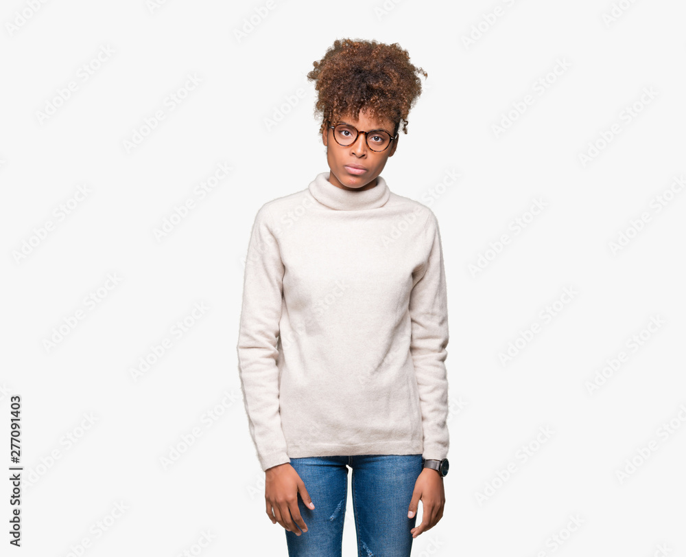 Beautiful young african american woman wearing glasses over isolated background skeptic and nervous, frowning upset because of problem. Negative person. Beautiful young african american woman wearing glasses over isolated background skeptic and nervous, frowning upset because of problem. Negative person.