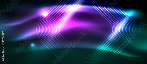 Dark background with neon glowing elements, shiny motion concept
