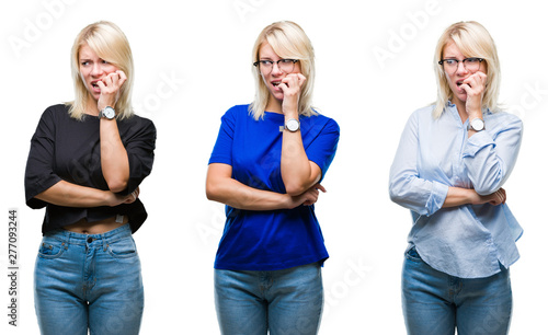 Collage of beautiful blonde woman over isolated background looking stressed and nervous with hands on mouth biting nails. Anxiety problem.