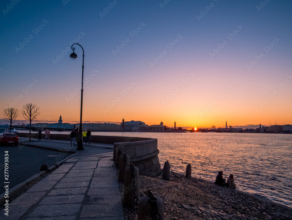 Magical sunset from the Neva River. In St. Petersburg, Russia 