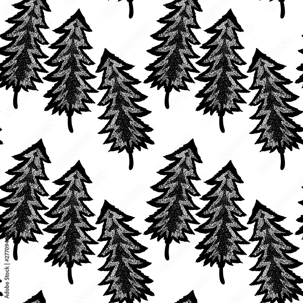 Mystical forest a lot of openwork unusual Christmas trees seamless pattern