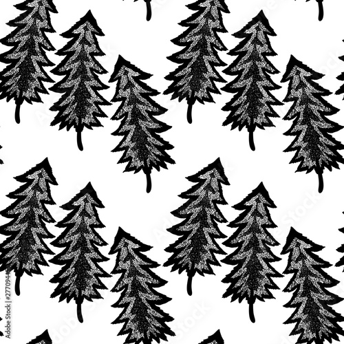 Mystical forest a lot of openwork unusual Christmas trees seamless pattern