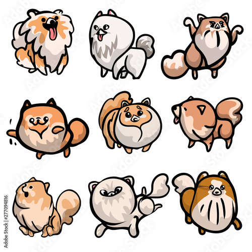 Set of cute spitz dog characters in different actions