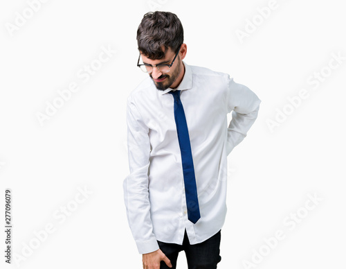Young handsome business man wearing glasses over isolated background Suffering of backache, touching back with hand, muscular pain © Krakenimages.com