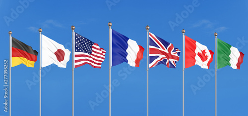 Silk waving G7 flags of countries of Group of Seven Canada, Germany, Italy, France, Japan, USA states, United Kingdom. Blue sky background. Big G7 in France 2019. 3D illustration. photo