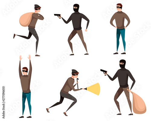 Set of thief during robbery holding bag in one hand and pistol in another hand cartoon character design flat vector illustration