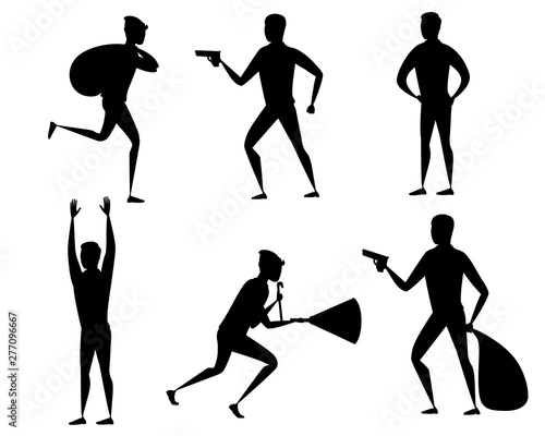 Black silhouette set of thief during robbery holding bag in one hand and pistol in another hand cartoon character design flat vector illustration