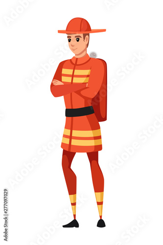 Adult male firefighter stand on ground wearing fireproof form cartoon character design flat vector illustration