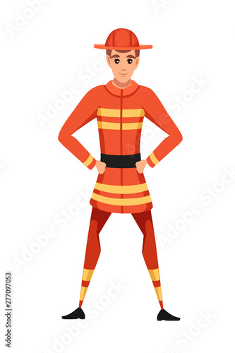 Adult male firefighter stand on ground wearing fireproof form cartoon character design flat vector illustration