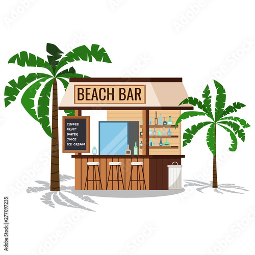 Wooden beach bar with palms tree, chair, trashcan with shadows isolated on white background.