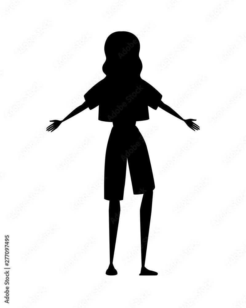 Young woman wearing casual clothes spread her hands cartoon character design flat vector illustration isolated on white background