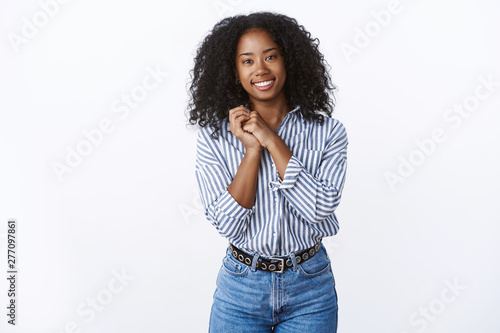 Bild auf Leinwand Cute tender feminine african-american woman pleased romantic boyfriend gesture p