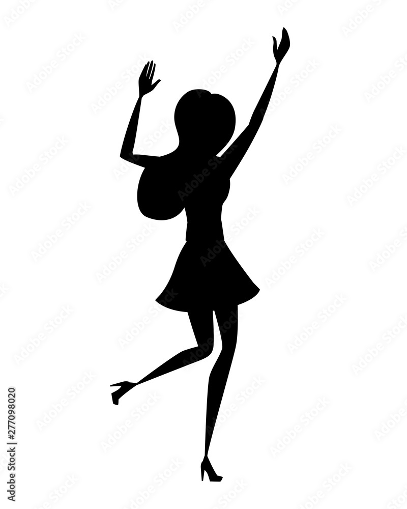 Black silhouette happy woman in casual clothes with up raised arms cartoon character design flat vector illustration isolated on white background Black silhouette happy woman in casual clothes with up raised arms cartoon character design flat vector illustration isolated on white background