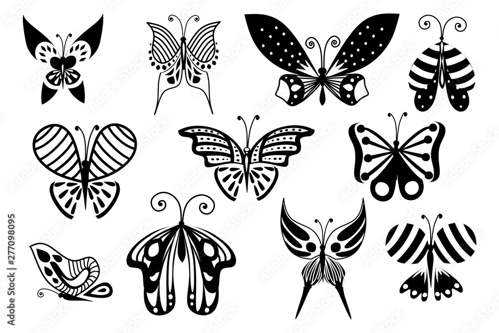 Black silhouette set of abstract decorative butterfly flat vector illustration isolated on white background