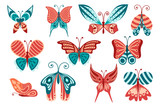 Set of abstract colorful decorative butterfly mint, coral and turquoise color flat vector illustration isolated on white background