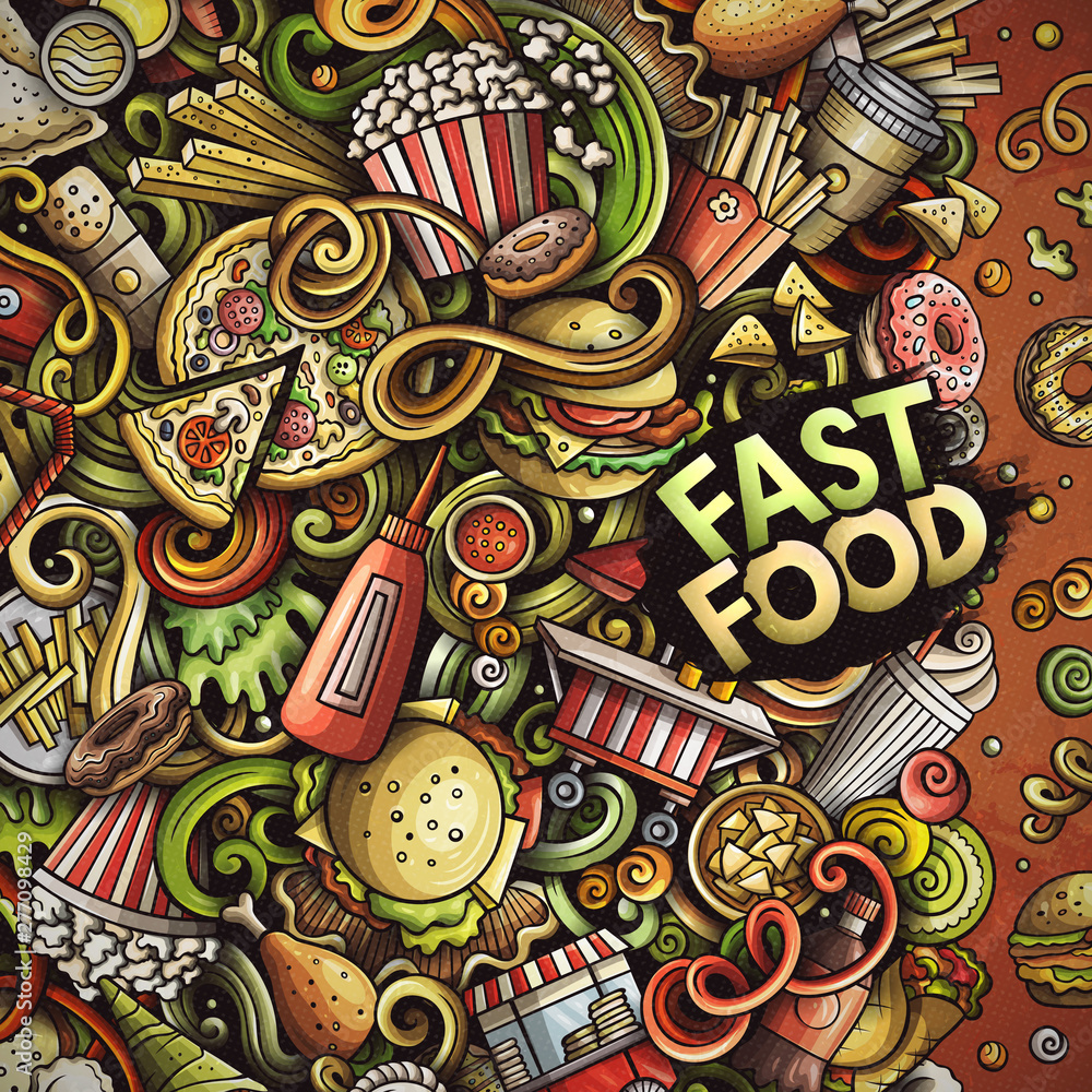 Fastfood hand drawn vector doodles illustration. Fast food frame card design