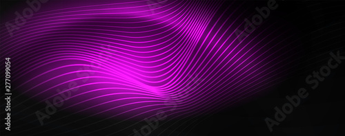 Smoky glowing waves in the dark. Dark abstract background with neon color light and wavy lines. Vector