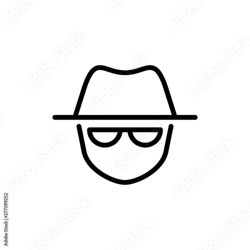 Vector outline anonymous icon. An incognito face in hat and glasses isolated on white background. Concept of anonymity, agent detective, theft, fraud protection, hacker activity.