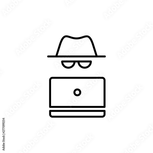 Vector outline anonymous icon. An incognito face in hat and glasses with laptop isolated on white background. Concept of web anonymity, cyber security and theft, fraud protection, hacker activity.