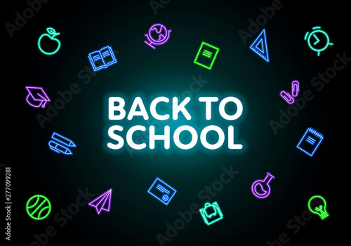 Vector horizontal neon light back to school retro banner. Glowing color education theme icons and text on dark gradient background. Design element for invitation, advertisment, poster, presentation