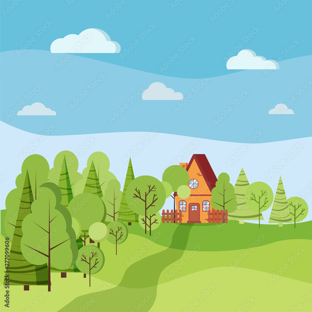 Summer or spring landscape with cartoon country house with fences, green trees, spruces, clouds, road