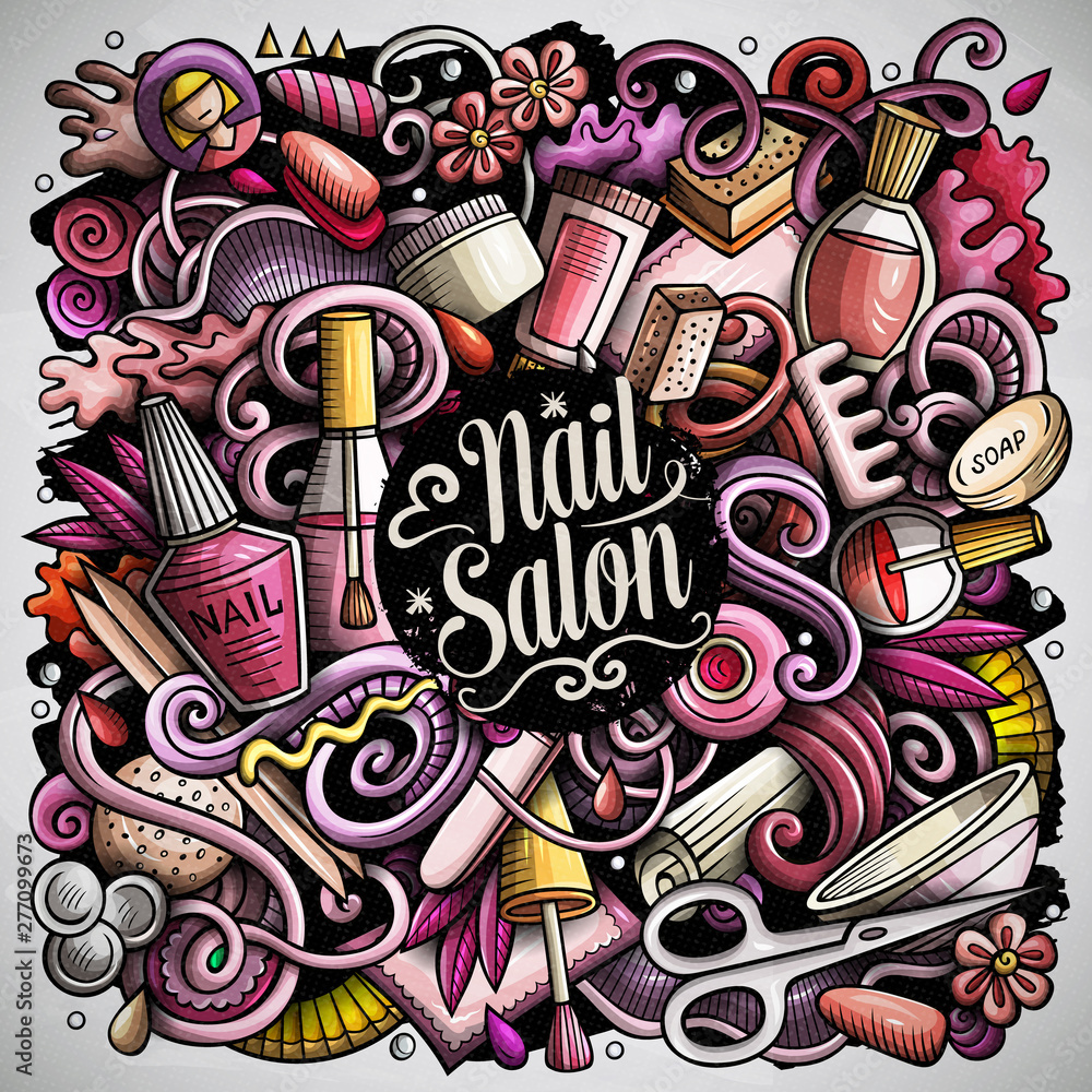 Nail Salon hand drawn vector doodles illustration. Manicure poster design.
