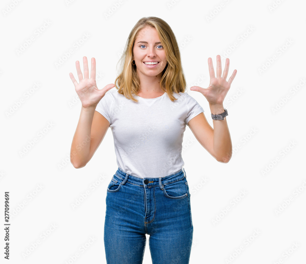 Beautiful young woman wearing casual white t-shirt over isolated background showing and pointing up with fingers number ten while smiling confident and happy. Beautiful young woman wearing casual white t-shirt over isolated background showing and pointing up with fingers number ten while smiling confident and happy.