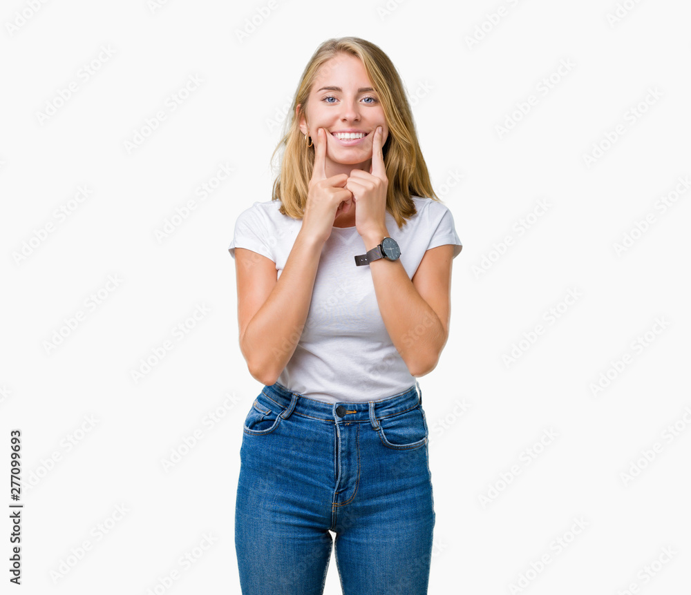Beautiful young woman wearing casual white t-shirt over isolated background Smiling with open mouth, fingers pointing and forcing cheerful smile Beautiful young woman wearing casual white t-shirt over isolated background Smiling with open mouth, fingers pointing and forcing cheerful smile
