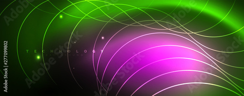 Shiny neon lines template - northern lights glowing blur lines. Futuristic style glow neon 80s disco club or night party techno template