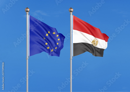 European Union vs Egypt. Thick colored silky flags of European Union and Egypt