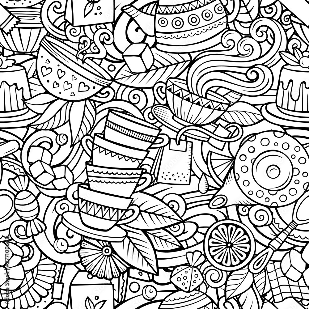 Cartoon cute doodles hand drawn Tea House seamless pattern.