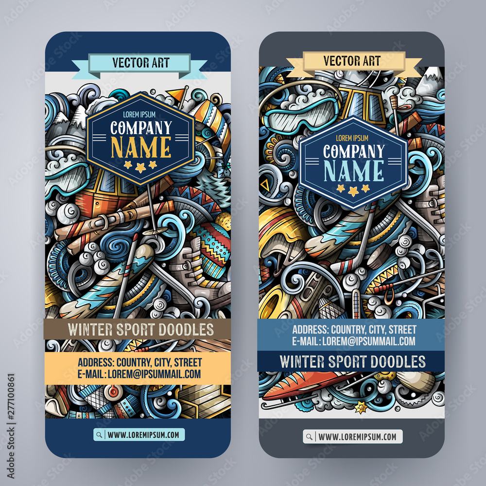 Obraz premium Winter sport hand drawn doodle banners set. Cartoon detailed flyers.