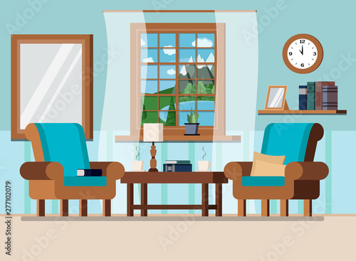 Cozy home living room interior background with window with summer lake landscape in flat cartoon style.