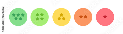 Vector feedback survey flat icon set. Five color star symbol in circle frame button isolated on white background. Design element for marketing research, client testimonail, questionnaire response, web