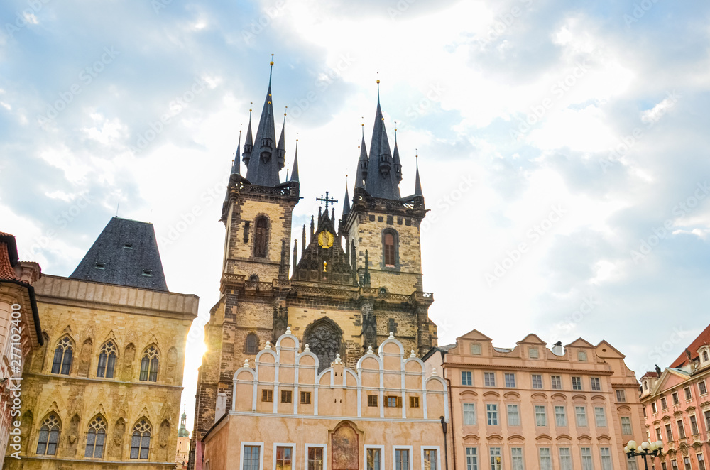 Church of Our Lady before Tyn in Prague, Czech Republic photographed in beautiful sunrise against the sun. Gothic church and a dominant feature of the Old Town Square. Amazing Czechia