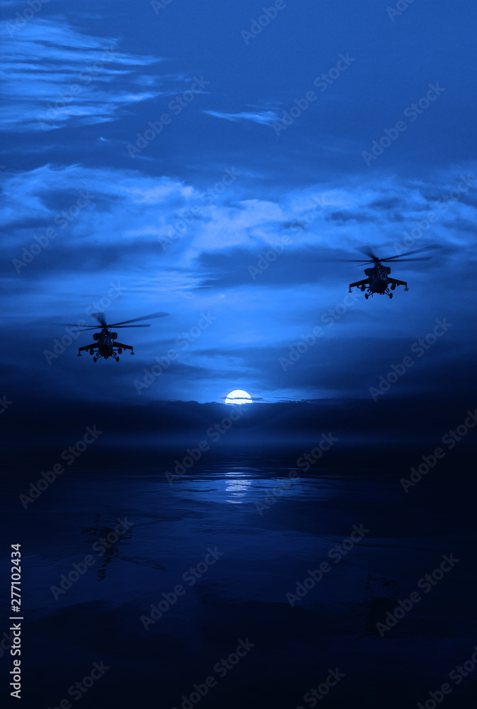 Naklejka premium Combat helicopter against the moonlit sky. night operation