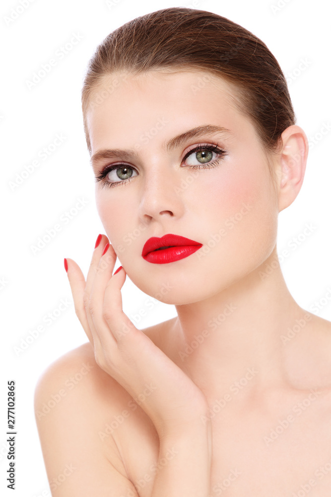 Young beautiful slim woman with red lipstick