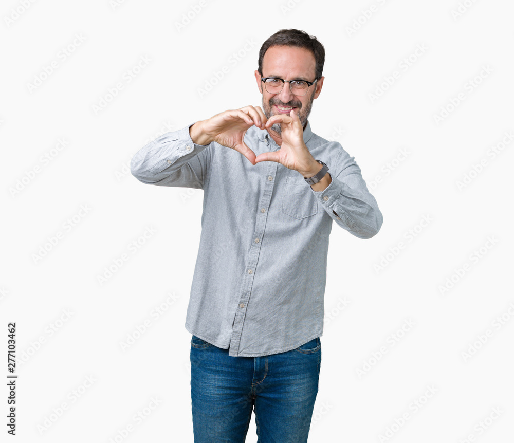 Handsome middle age elegant senior man wearing glasses over isolated background smiling in love showing heart symbol and shape with hands. Romantic concept. Handsome middle age elegant senior man wearing glasses over isolated background smiling in love showing heart symbol and shape with hands. Romantic concept.