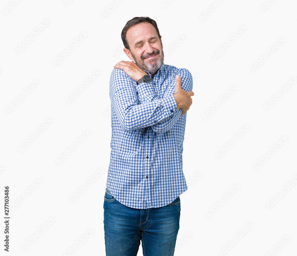 Handsome middle age elegant senior man over isolated background Hugging oneself happy and positive, smiling confident. Self love and self care Handsome middle age elegant senior man over isolated background Hugging oneself happy and positive, smiling confident. Self love and self care